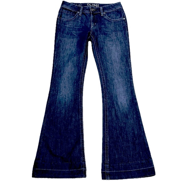 👖🎵 DL1961 Joy Super High Rise Flare Jeans | Dark Blue Wash | Sz 28 70s Revival - Picture 1 of 5
